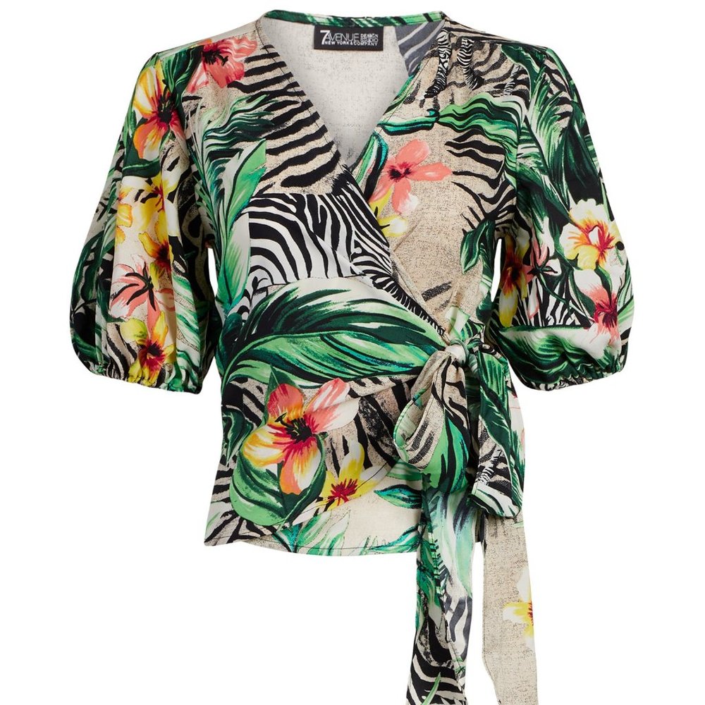 New 7the Avenue Tropical-Print Tie-Waist Top